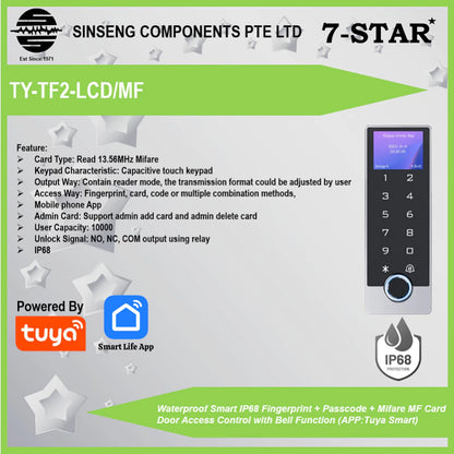 Tuya IP68 Fingerprint + Passcode + Mifare Access Control | TY-TF2-LCD/MF