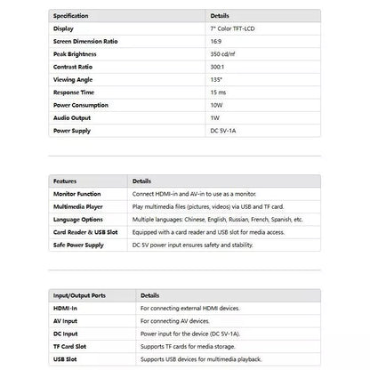 7 Inch LED Monitor HDMI | USB | TF CARD | AV | SPEAKER | LED-P700
