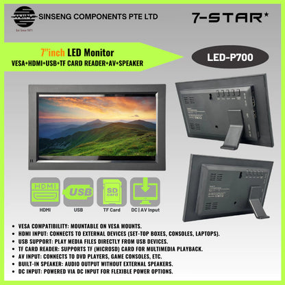 7 Inch LED Monitor HDMI | USB | TF CARD | AV | SPEAKER | LED-P700
