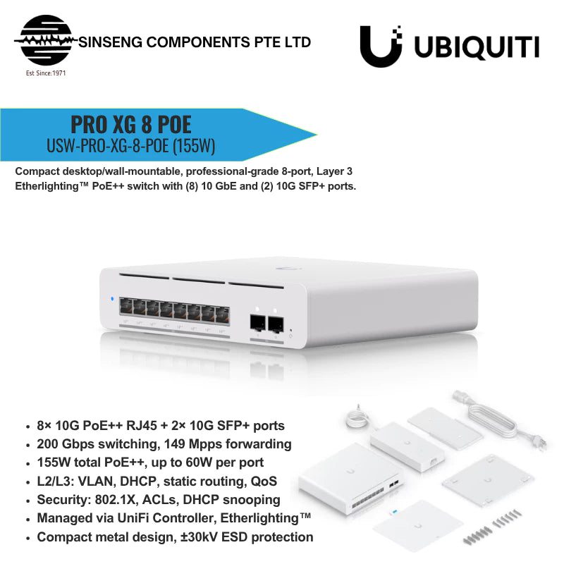 Ubiquiti Unifi Pro XG 8 PoE 155W Compact 8-Port 10GbE SFP+ L3 Etherlighting Switch | UBQ-USW-PRO-XG-8-POE