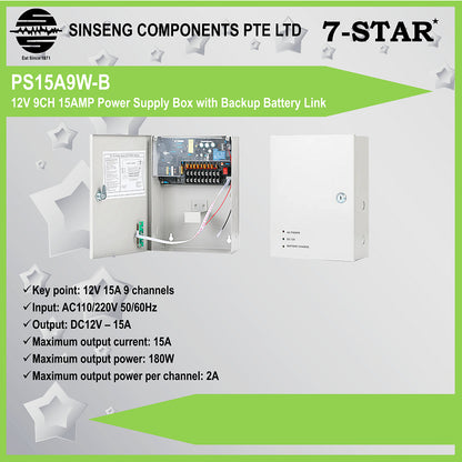 12V 9CH 15AMP CCTV Power Supply Box with UPS Backup | PS15A9W-B
