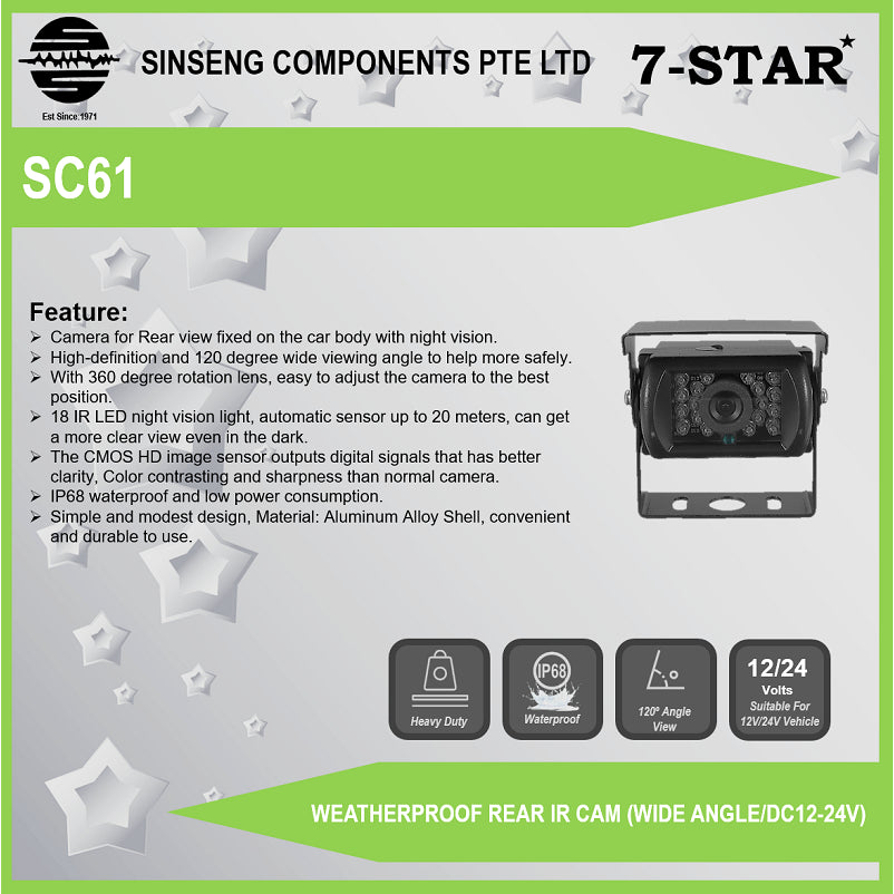 Weatherproof Rear IR Reverse CCTV Camera (Wide Angle/DC9-36V) | SC61