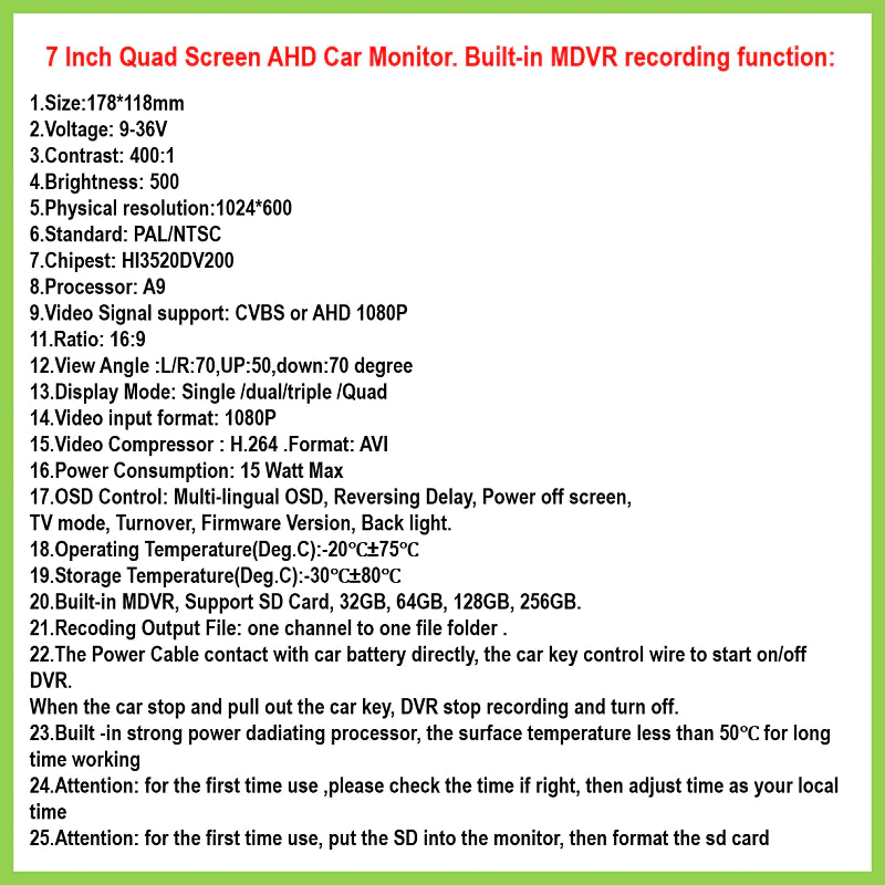 7" 2CH LED DVR Monitor for Vehicles (12–24V) | LED702R