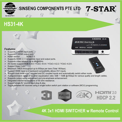 3x1 HDMI Switch 4K | 3-Port HDMI Switcher with Remote Control | HS31-4K
