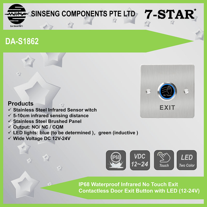 IP68 Waterproof Infrared No-Touch Exit Button with LED (12-24V) | DA-S1862