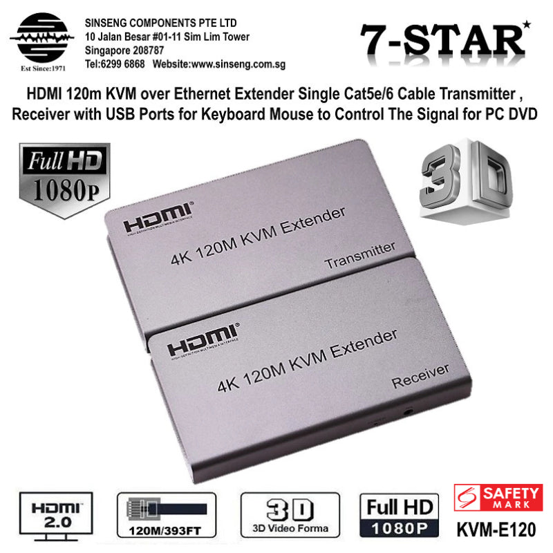 120m HDMI KVM Extender over Ethernet | USB for Keyboard | KVM-E120