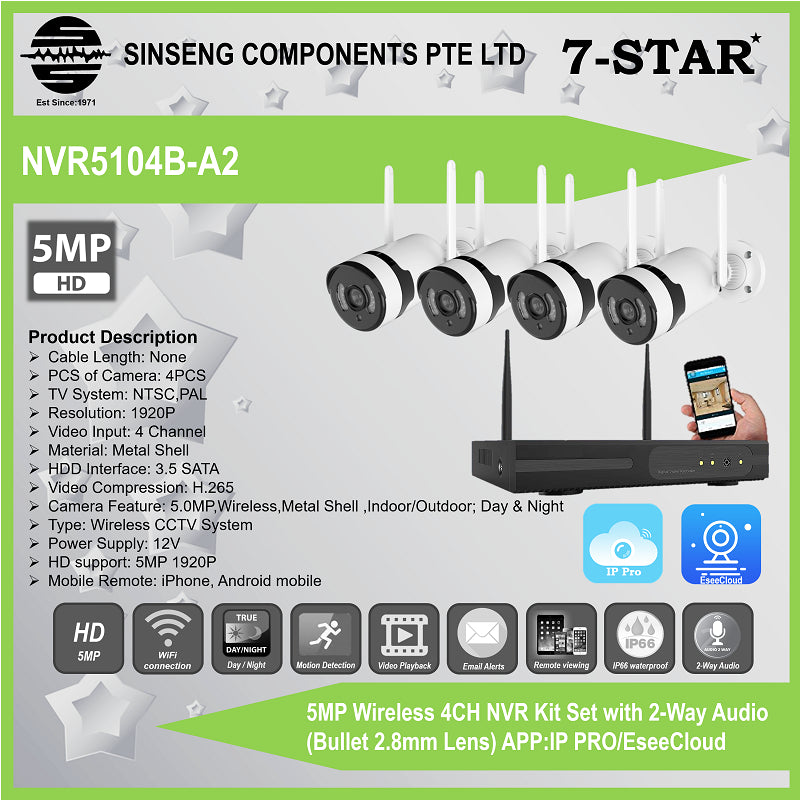 5MP 4CH Wireless NVR Kit | Bullet 2.8mm | 2-Way Audio | NVR5104B-A2
