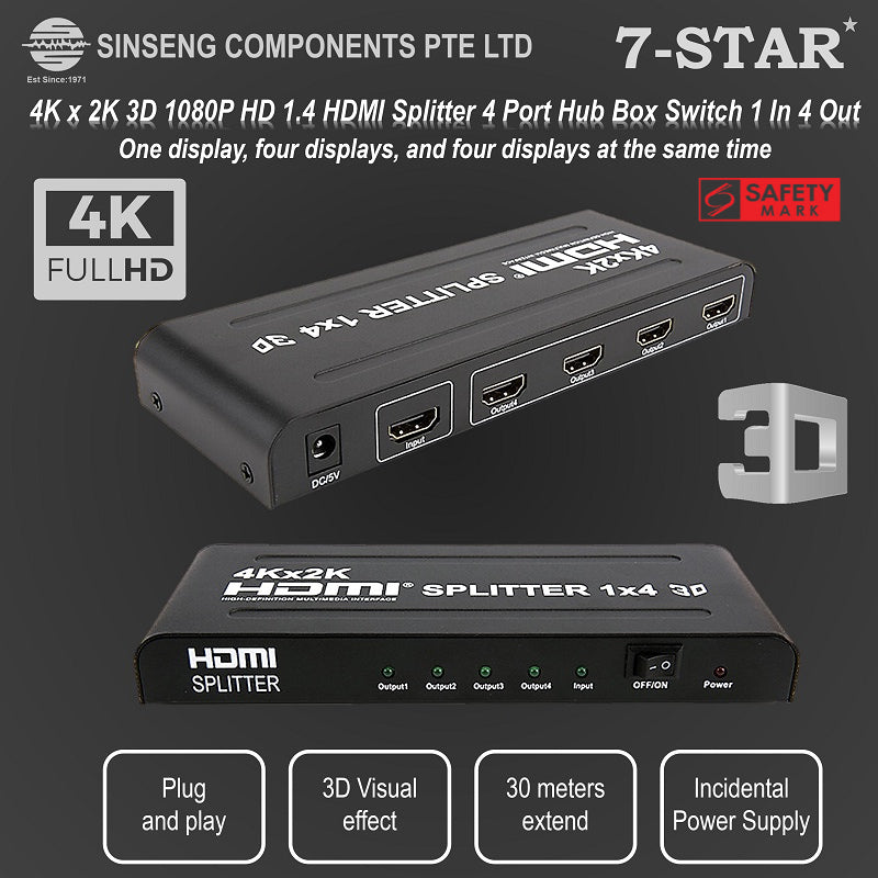 4K 1x4 HDMI Splitter/Distributor 1 Input 4 Output | HM104
