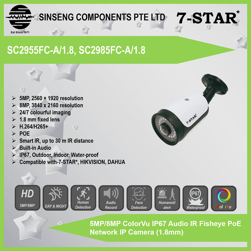 5MP/8MP ColorVu IP67 Audio IR Fisheye 180° PoE IP Camera (1.8mm, 1920P/2160P)