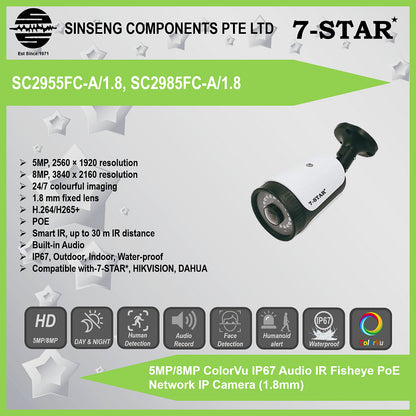 5MP/8MP ColorVu IP67 Audio IR Fisheye 180° PoE IP Camera (1.8mm, 1920P/2160P)