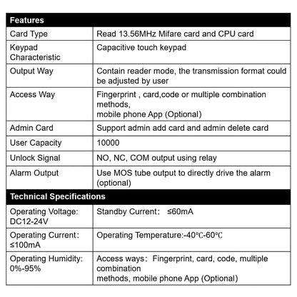 Tuya IP68 Fingerprint + Passcode + Mifare Access Control | TY-TF2-LCD/MF