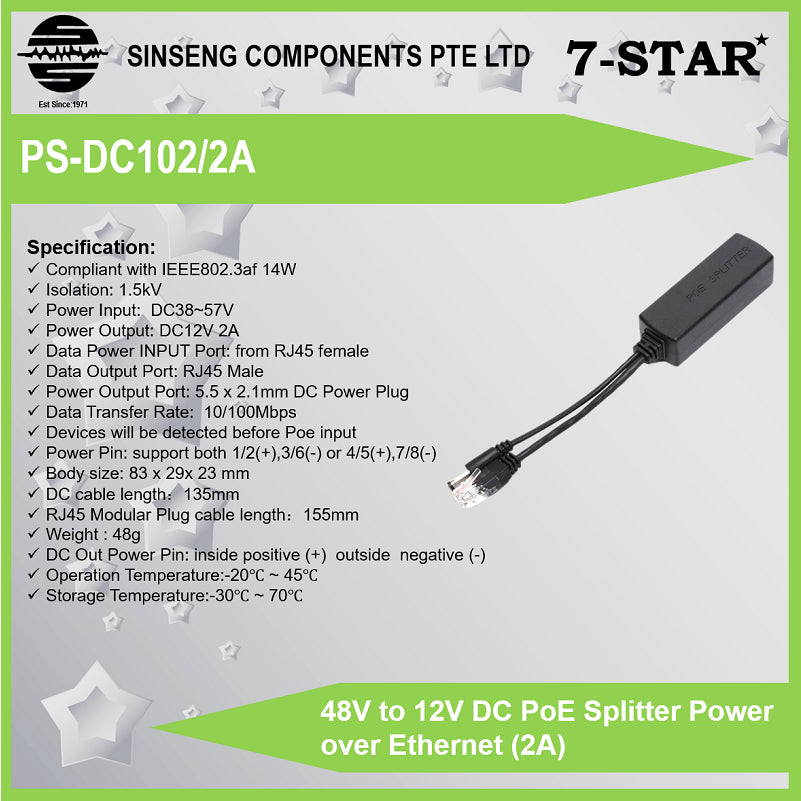 48V to 12V DC PoE Splitter Power over Ethernet (2A) | PS-DC102/2A