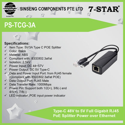 Type-C 48V to 5V Gigabit RJ45 PoE Splitter | PS-TCG-3A