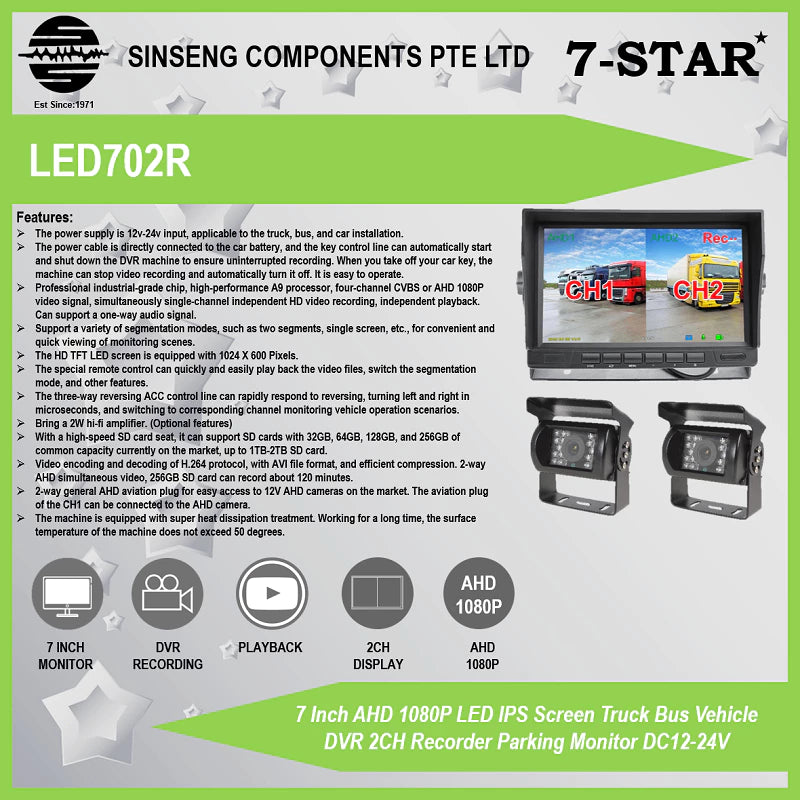 7" 2CH LED DVR Monitor for Vehicles (12–24V) | LED702R