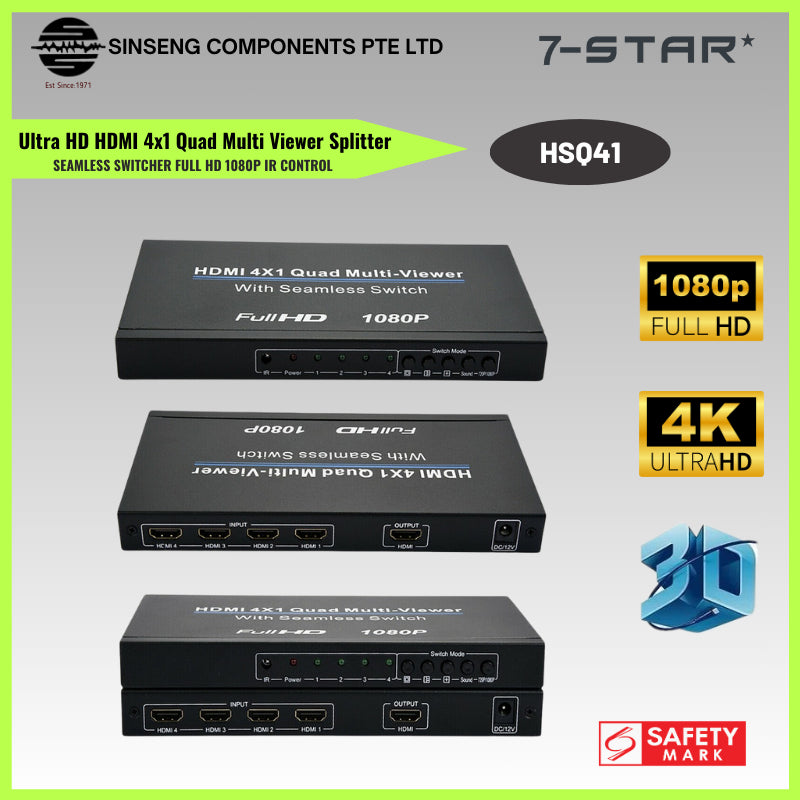 1080P HDMI 4x1 Seamless Switch & Multi-Viewer Splitter with IR Remote | HSQ41