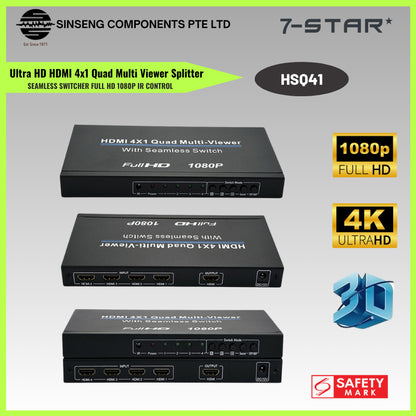 1080P HDMI 4x1 Seamless Switch & Multi-Viewer Splitter with IR Remote | HSQ41