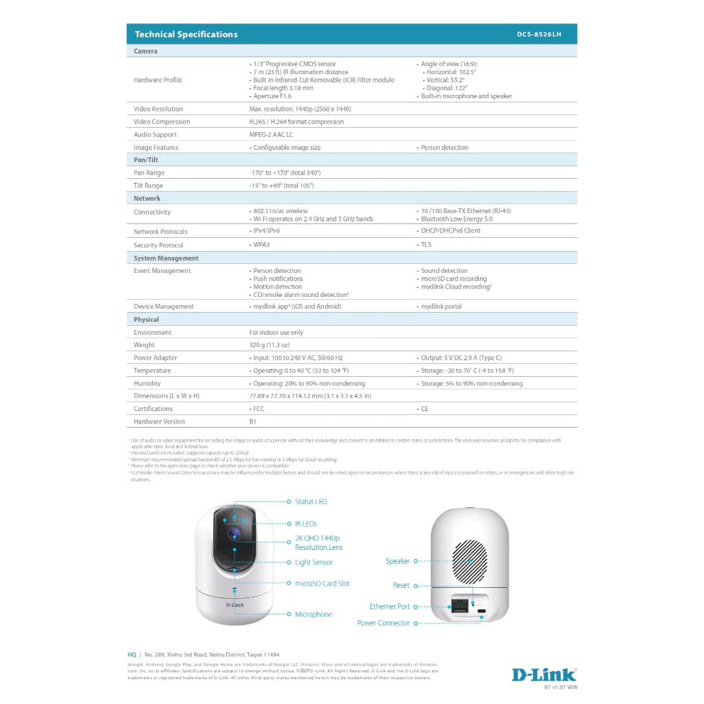 D-Link DCS-8526LH (B1) 2K QHD Pan & Tilt WiFi IP Camera