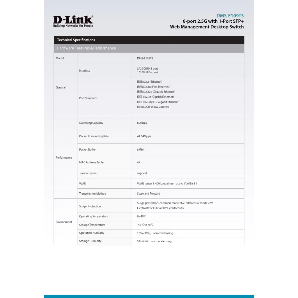 D-LINK 8-Port 2.5G Ethernet Switch with 10G Uplink Port | DL-DMS-F109TS