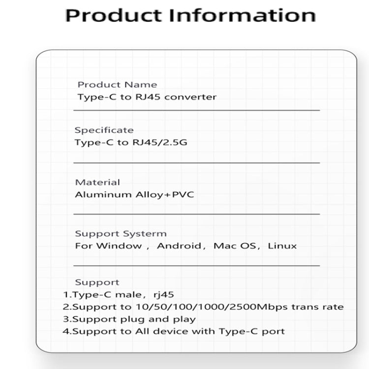 Type-C to Ethernet Adapter, USB Type-C RJ45 2.5Gb Gigabit Ethernet | CB-TCL/2.5G