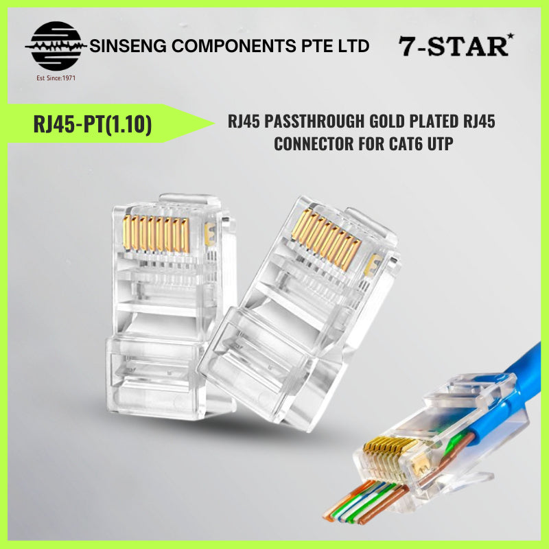 100PCS RJ45 Passthrough Gold Plated Connector for CAT6 UTP | RJ45-PT1.10