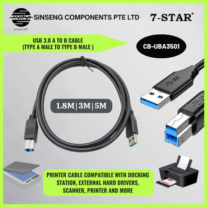 USB 3.0 A to B Cable 1.8m - 3m - 5m | 5Gbps USB 3.0 High - Speed Printer - Scanner Cable | CB-UBA3501