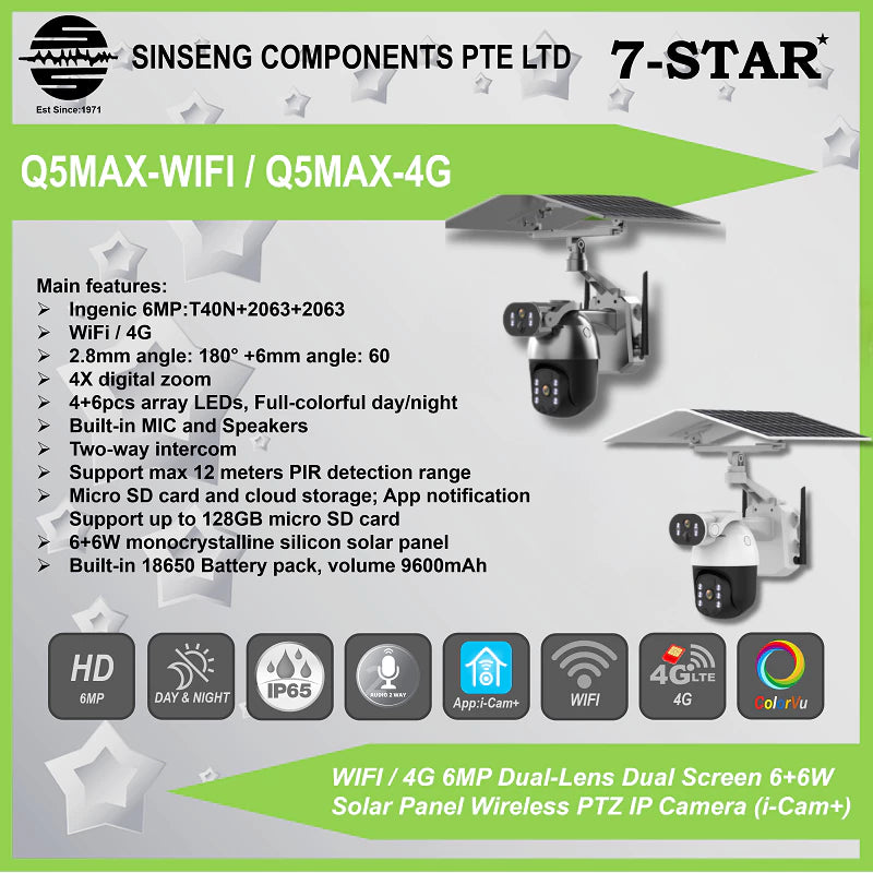 6MP Dual-Lens PTZ Solar IP Camera with 6+6W Solar Panel | Q5MAX WIFI/4G