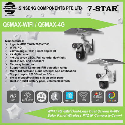 6MP Dual-Lens PTZ Solar IP Camera with 6+6W Solar Panel | Q5MAX WIFI/4G