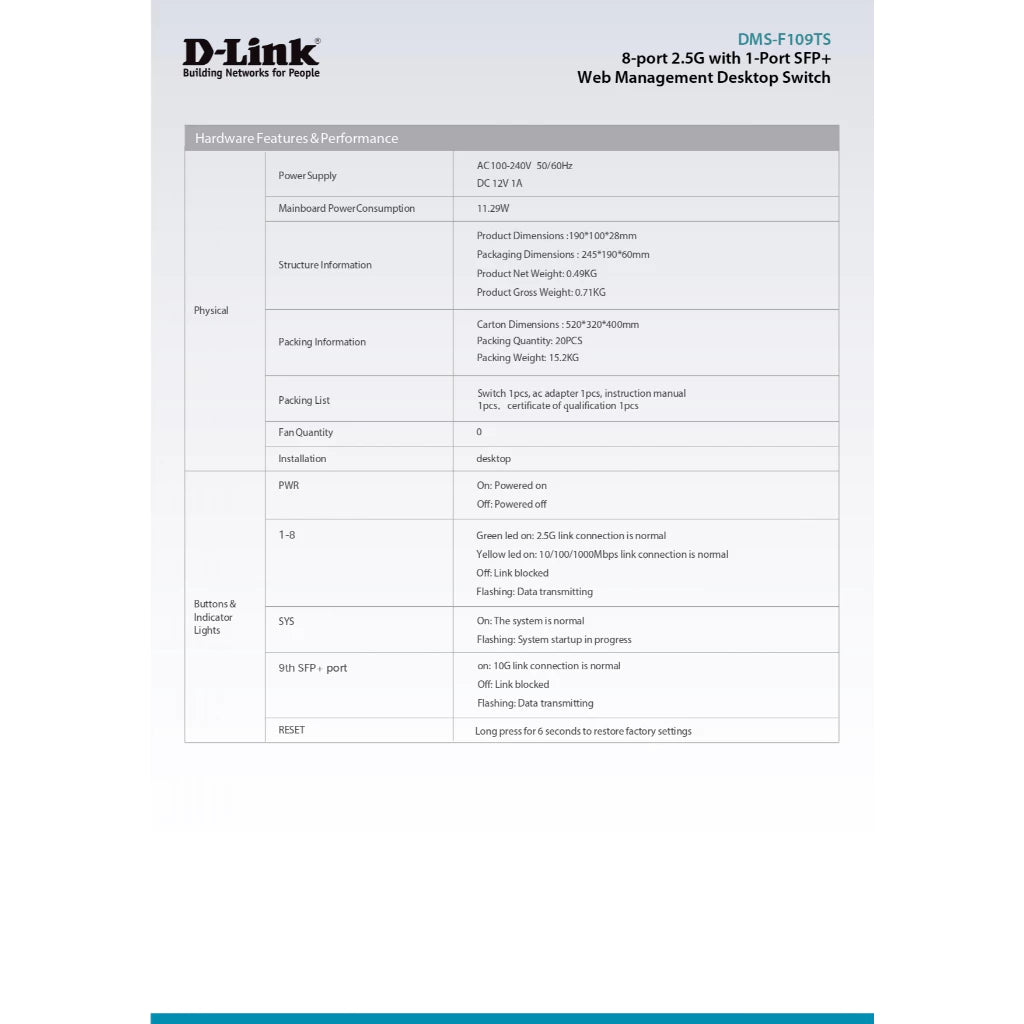 D-LINK 8-Port 2.5G Ethernet Switch with 10G Uplink Port | DL-DMS-F109TS