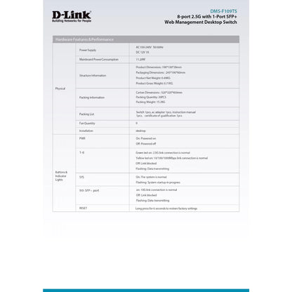D-LINK 8-Port 2.5G Ethernet Switch with 10G Uplink Port | DL-DMS-F109TS