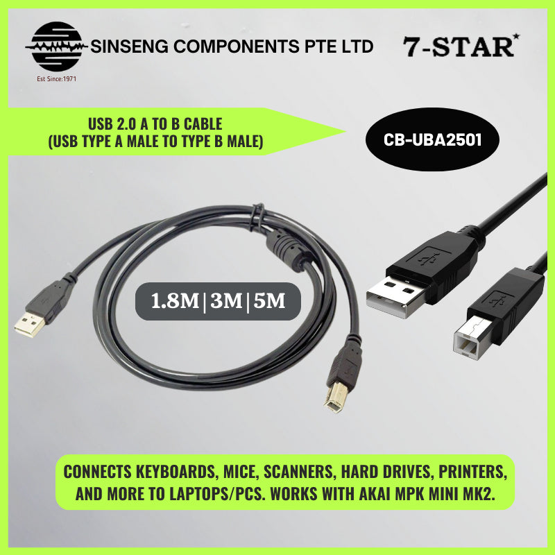 USB 2.0 Male A to B Cable for Keyboard, Mice, Scanners, Printers | CB-UBA2501
