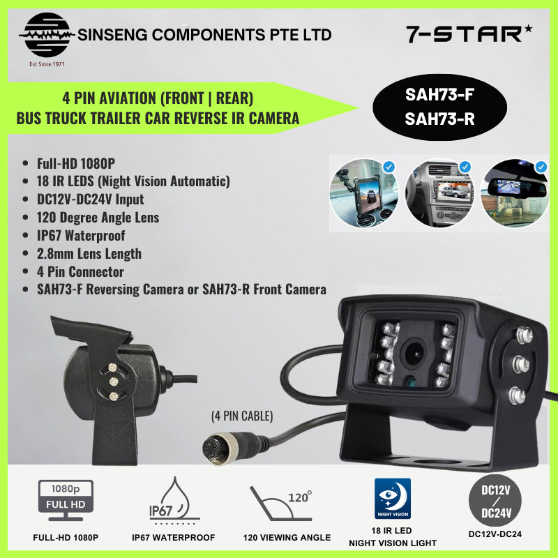 Full-HD 1080P Reverse IR Camera, IP67, 4 Pin Aviation, Wide Angle 2.8mm | SAH73