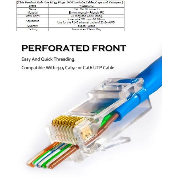 100PCS RJ45 Passthrough Gold Plated Connector for CAT6 UTP | RJ45-PT1.10