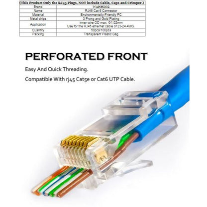 100PCS RJ45 Passthrough Gold Plated Connector for CAT6 UTP | RJ45-PT1.10