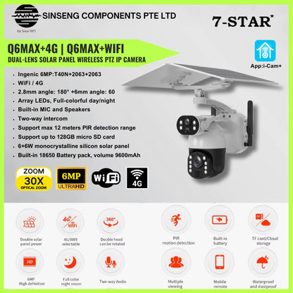 6MP 30x Zoom Dual-Lens PTZ Solar IP Camera with 6+6W Solar Panel | Q6MAX+ WIFI/4G
