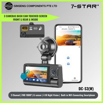 1080P Dash Cam with Front, Rear & Inside Cameras | Auto WiFi 3"| DC-S3(W)