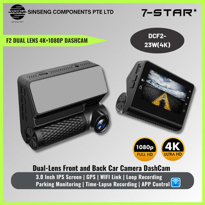 4K Dual-Lens Car DashCam with GPS & Type-C Power | DCF2-23W