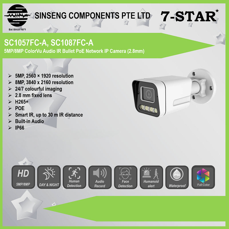 5MP/8MP IP67 ColorVu PoE Bullet Camera with IR, Audio & Mic | SC1057FC-A & SC1087FC-A