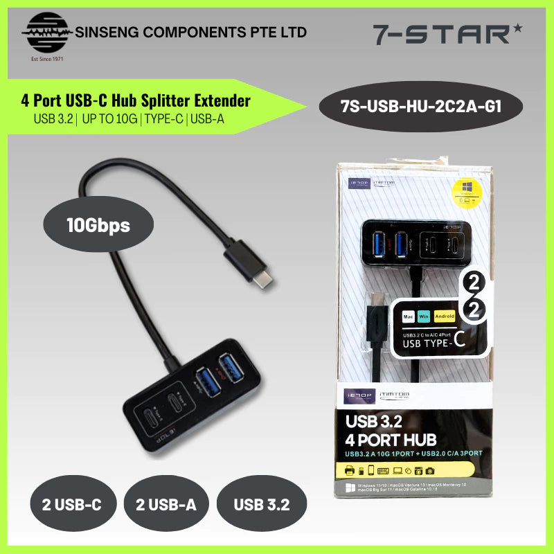 4-in-1 USB 3.2 USB Type C  Hub | Dual USB-A & USB-C | 10Gbps Data Transfer | 7S-USB-HU-2C2A-G1