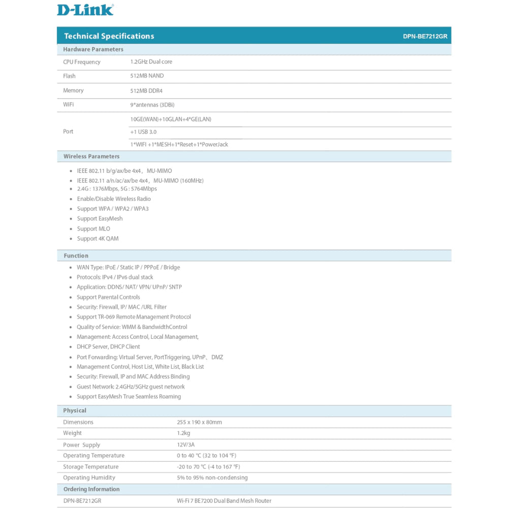 D-Link DPN-BE7212GR BE7200 Wi-Fi 7 Dual-Band 10G Mesh Router | DL-DPN-BE7212GR