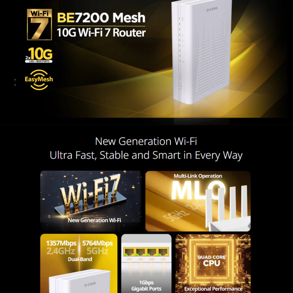 D-Link DPN-BE7212GR BE7200 Wi-Fi 7 Dual-Band 10G Mesh Router | DL-DPN-BE7212GR