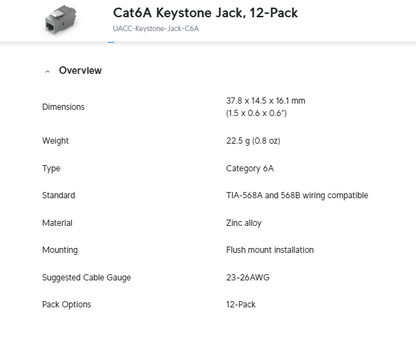 Ubiquiti Unifi  Cat6A Keystone Jack (12Pack) | UACC-Keystone-Jack-C6A