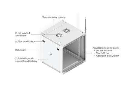 UniFi 12U Wall Mount Rack Cabinet 600mm Glass Door with 2 Cooling Fans | UBQ-UACC-RACK-12U-WALL-600-G
