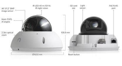 Ubiquiti UniFi G6 Pro Dome UVC-G6-Pro-Dome 4K AI PoE+ IP Camera (White)
