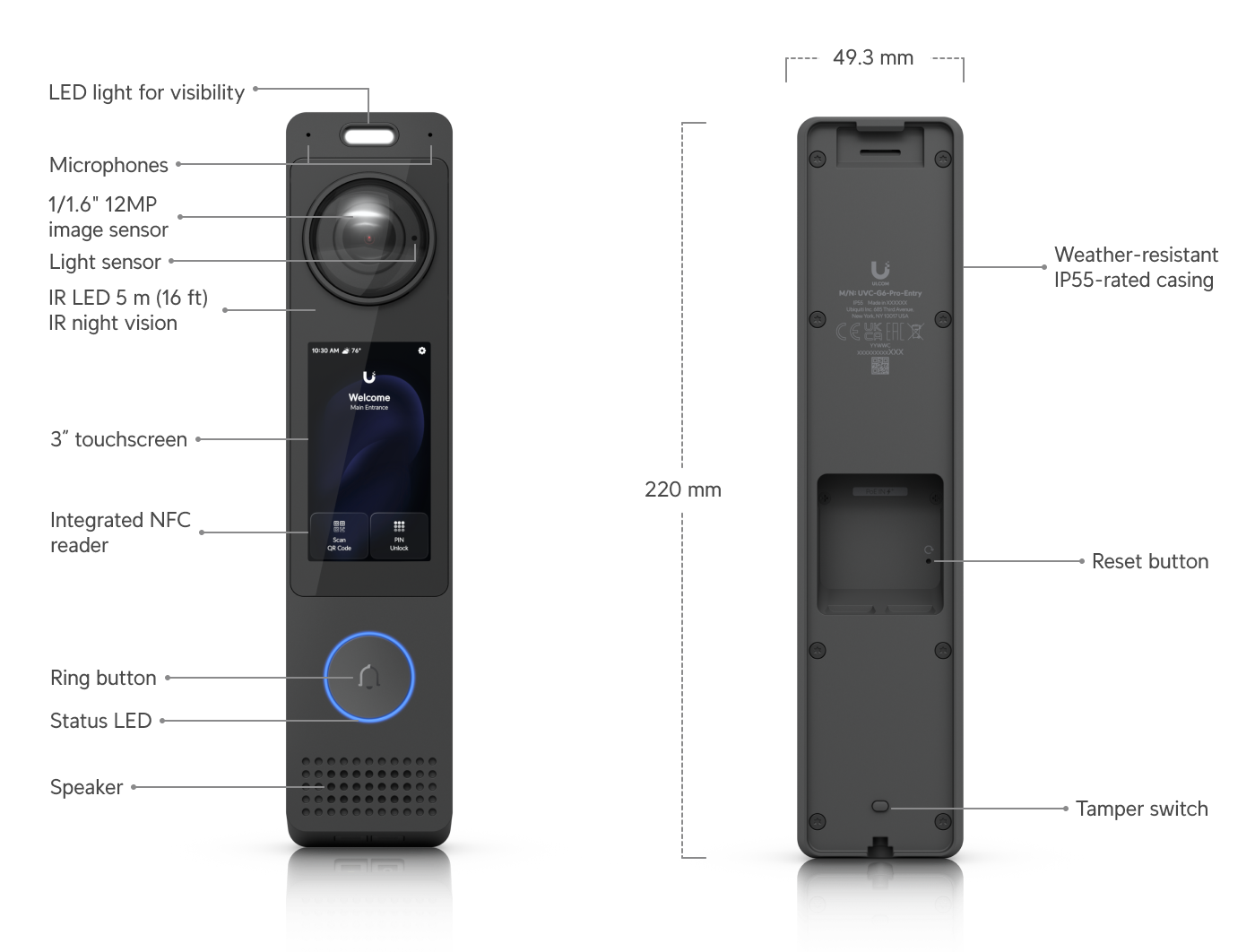 Ubiquiti UniFi G6 Pro Entry with 12MP AI Face Recognition Doorbell Access Reader | UBQ-UVC-G6-PRO-ENTRY